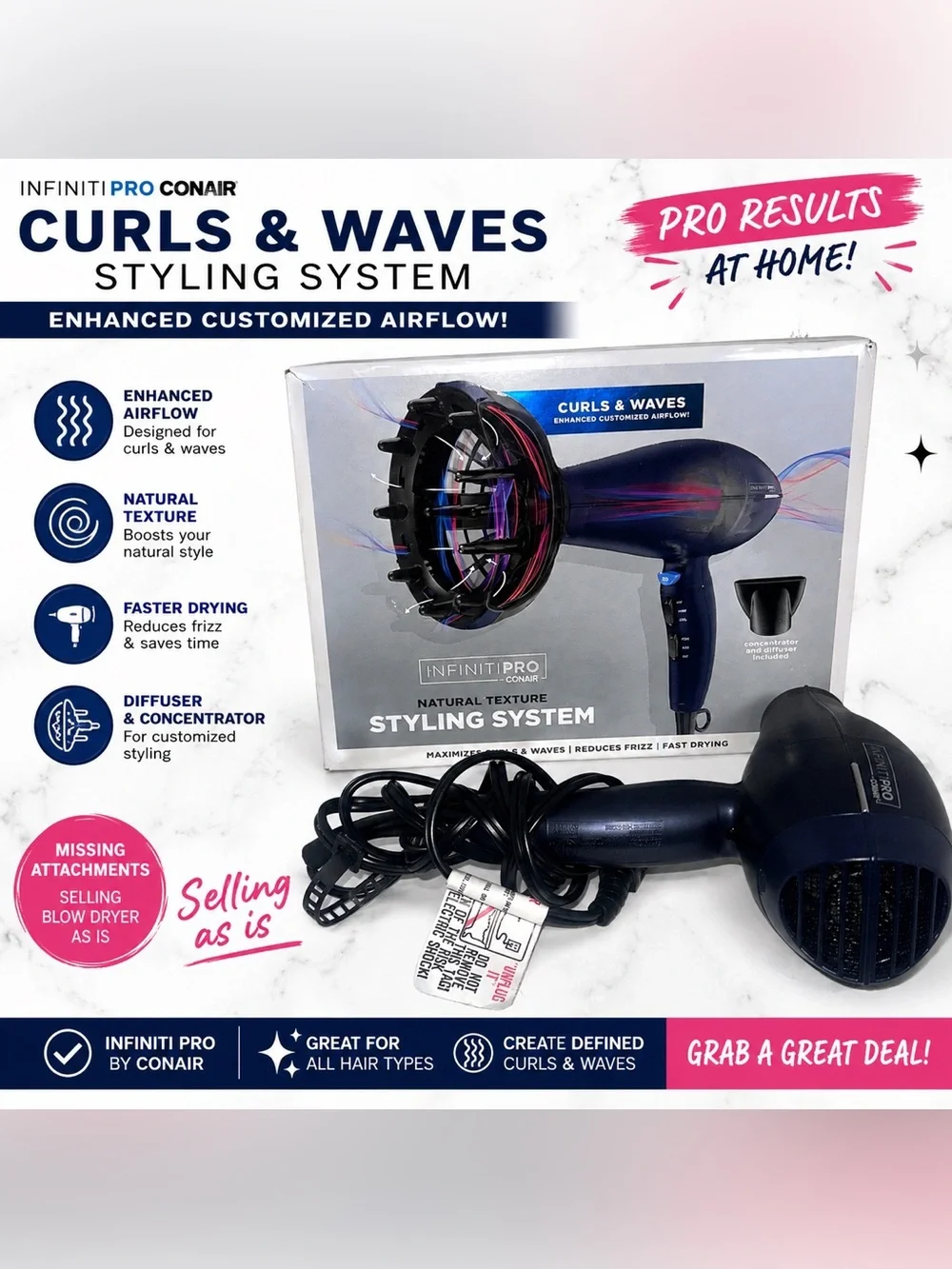 CONAIR PRO InfinitiPro Diffuser Hair Dryer without Attachment -AS IS